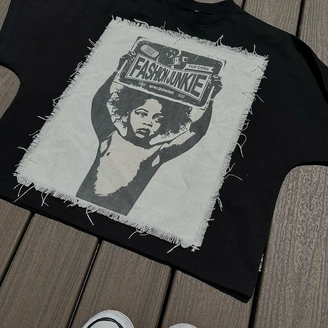 Custom Cut  Sew Dtg Printed  logo Raw Edge Distressed Vintage Boxy Acid Wash Oversized Graphic Applique cotton T Shirt For Men