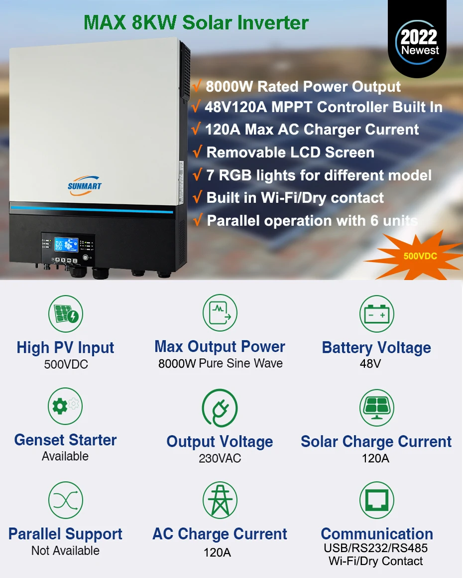 Home Application and Normal Specification 8kw 48V with 120A MPPT Charger with parallel and wifi  solar inverter solar hybrid