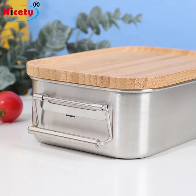 Eco Friendly 18/8 Stainless Steel Bamboo Lid Bento Lunch Box with 2 Buckles 304 Lunch Box Steel with Bamboo Lid