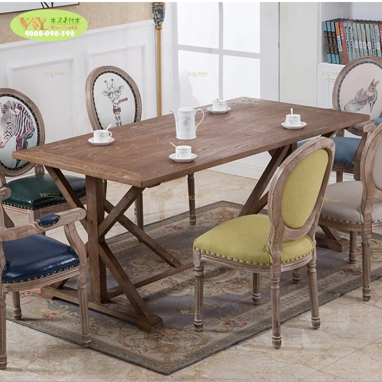 Vintage solid old wood pedestal design dining table / French countryside event oak wood dining table for wedding