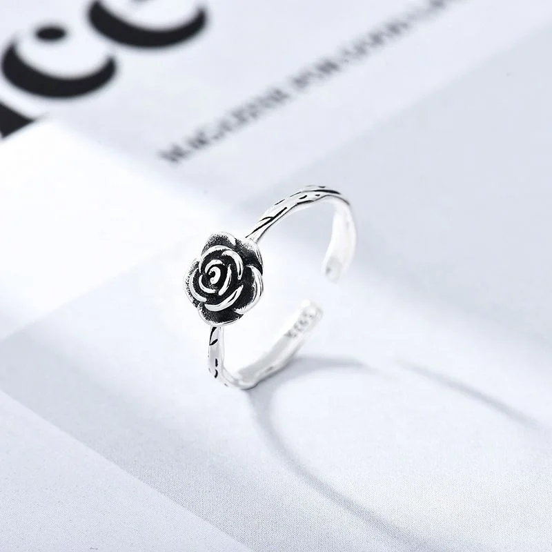Silver 925 Unique Ring Design Vintage Oxidized Silver Band Ring Rose Flower Ring