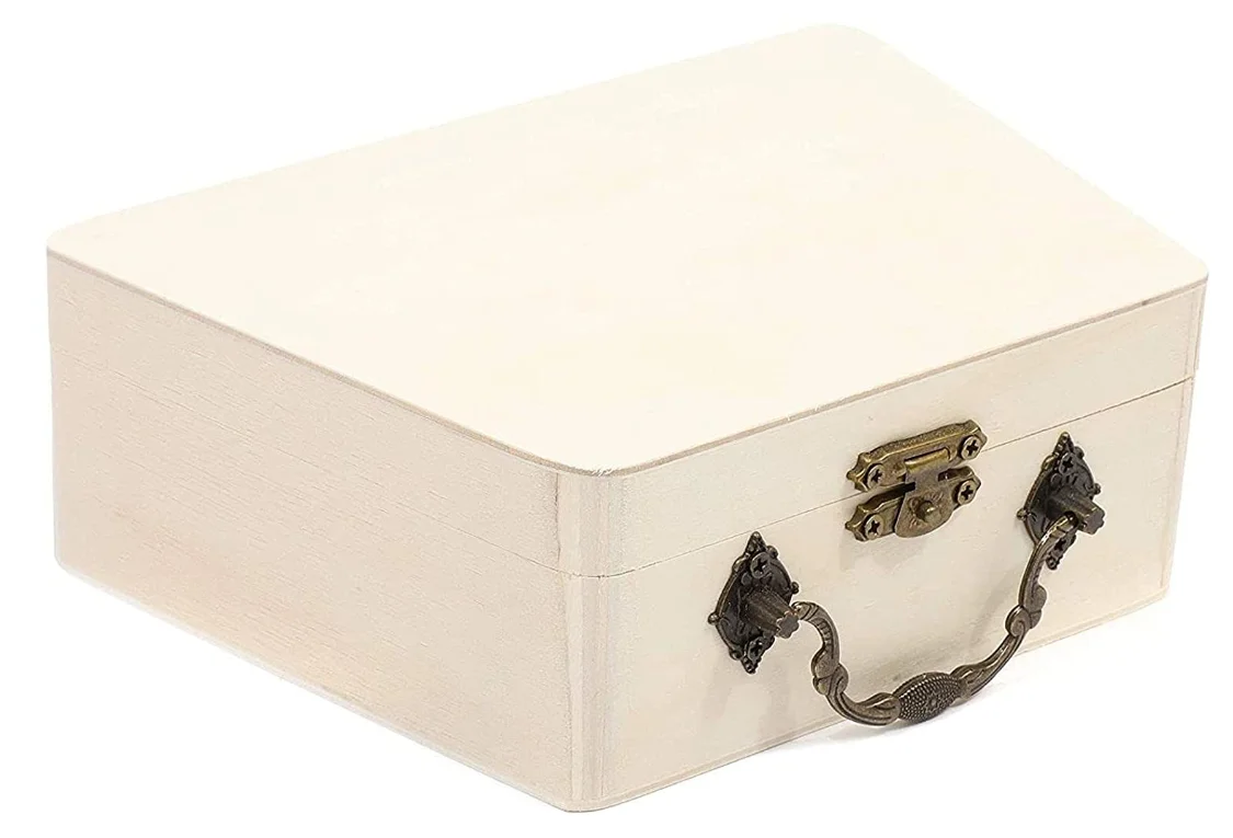 unfinished wooden gift box with metal handle DIY craft box