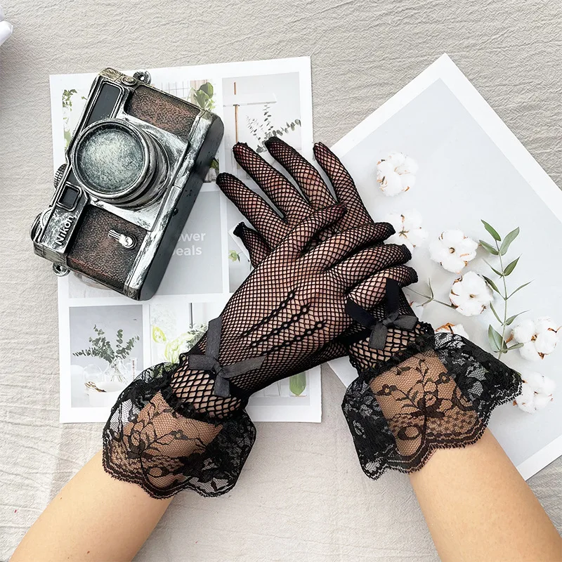 Women Black White Summer Driving Fashion Lace Gloves Full Finger Girls Bridal Mesh Fishnet Gloves
