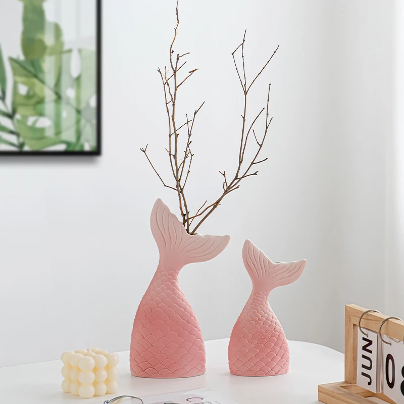 Set of 2 Matte Frosted black white pink Mermaids ceramic vase home decor artificial dried flower arrangement decoration