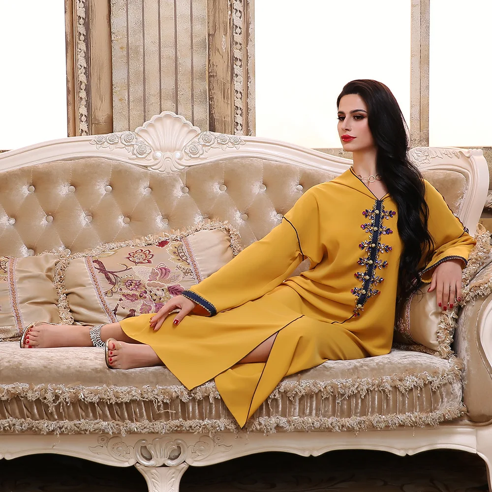 Women Moroccan  Hooded Dress Handwork Diamonds Ribbon Braid Ethnic Arabic Jellaba Dubai Saudi Family Gather Party