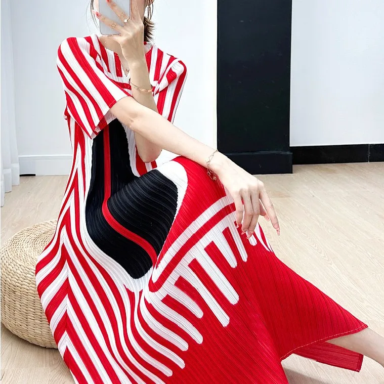 2023 Miyake Zebra Pattern Printing Dress Summer Boho Casual Short Sleeve Long Maxi Evening Party Dress
