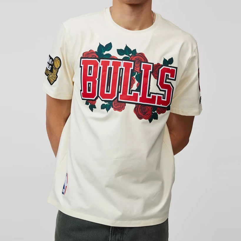 100% Cotton Mens T Shirts Short Sleeves Crew Neck Basketball Team Applique Patch Chicago Bull Rose Graphic Tee