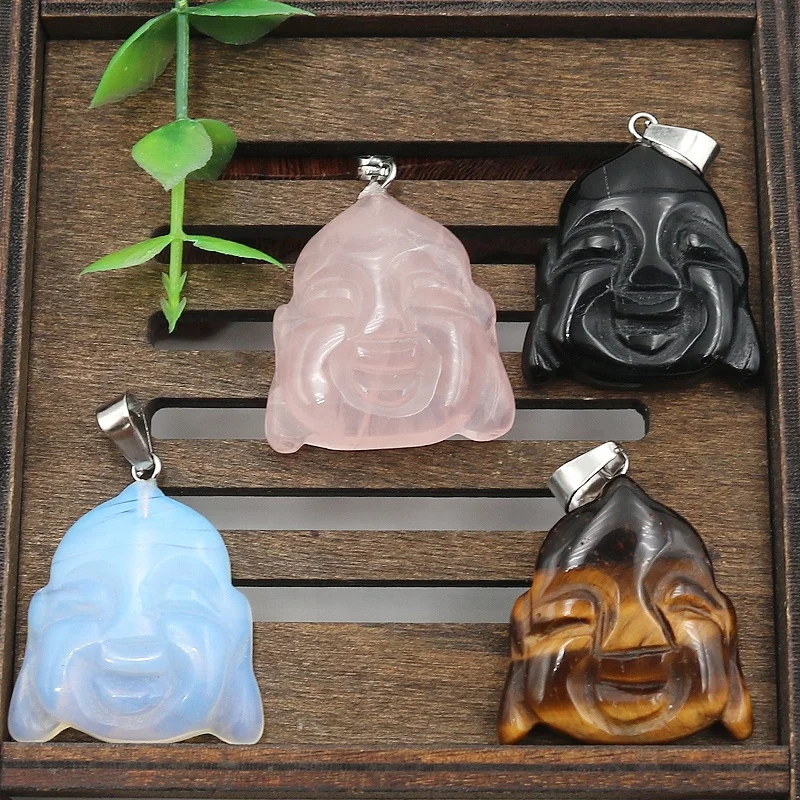 Natural chakra hand carved crystal Reiki healing happy buddha charm stone jade necklace pendant for boyfriend