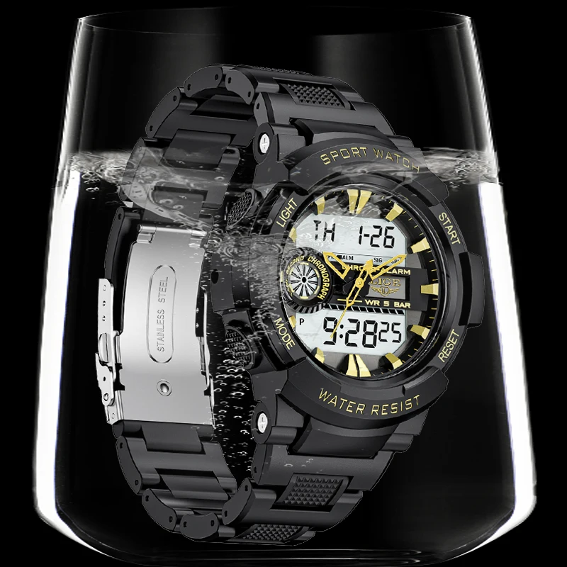 Часы наручные LIGE Мужские кварцевые, водонепроницаемые светодиодные спортивные цифровые с будильником, с коробкой, 50 м