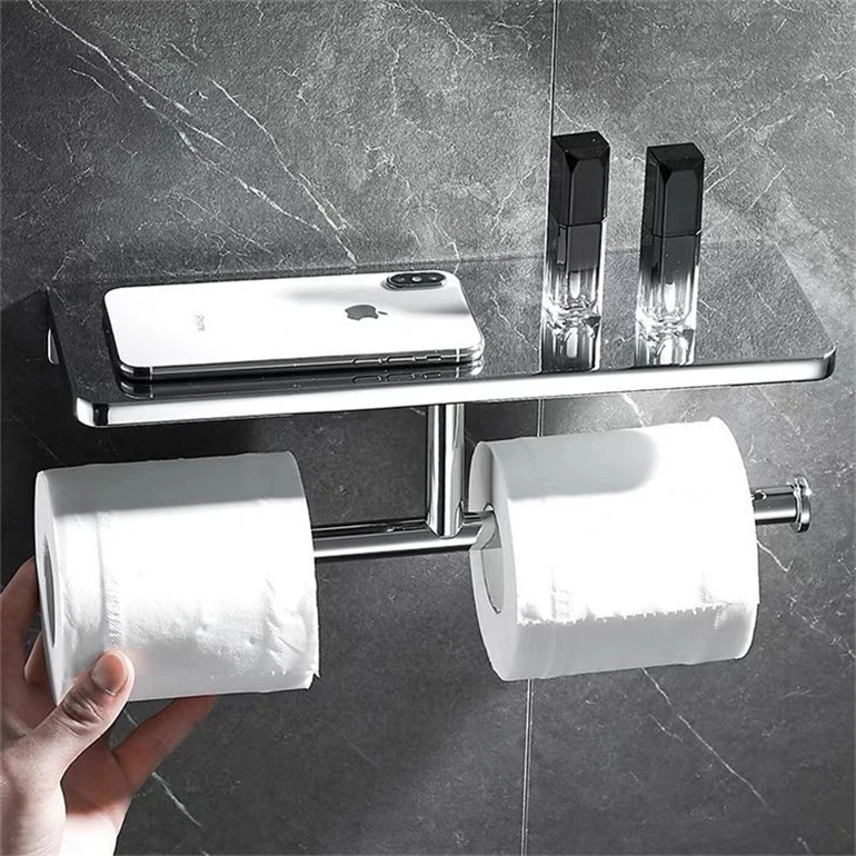 Wall Mounted Toilet Paper Holder Black Color Brass Bathroom Usage With Mobile Phone Shelf