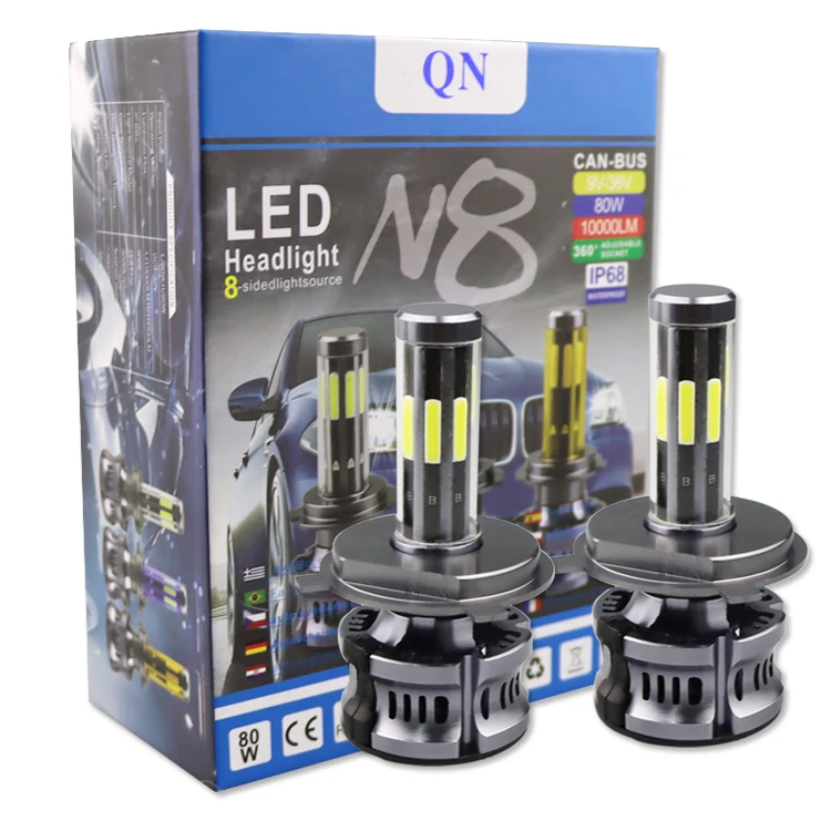 Auto lighting system N8 led 6 sides h4 led headlight COB chip Aluminum 80W 12V 360 led headlight vehicle offroad led headlights