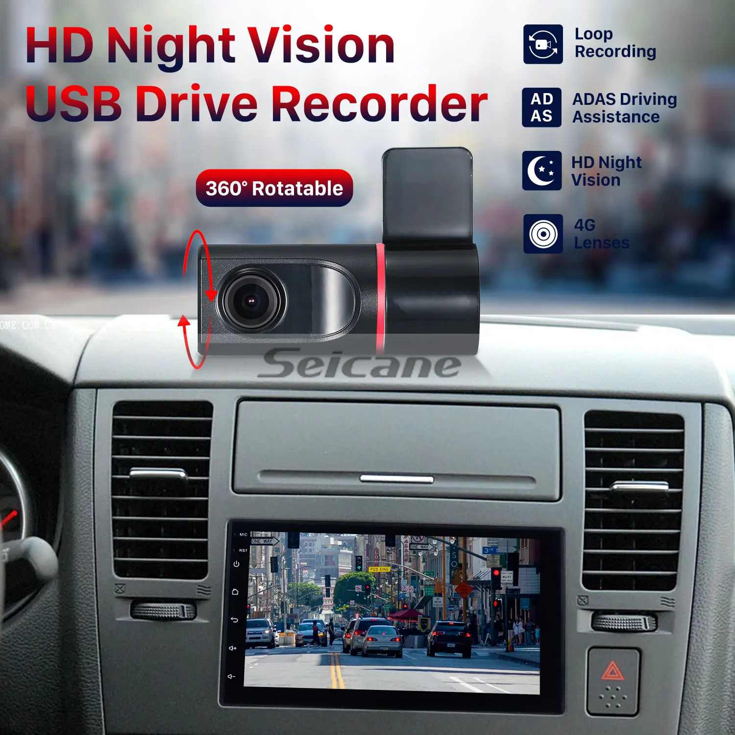 Seicane HD USB DVR camera records video and supports 360 Rotatable android car dvd