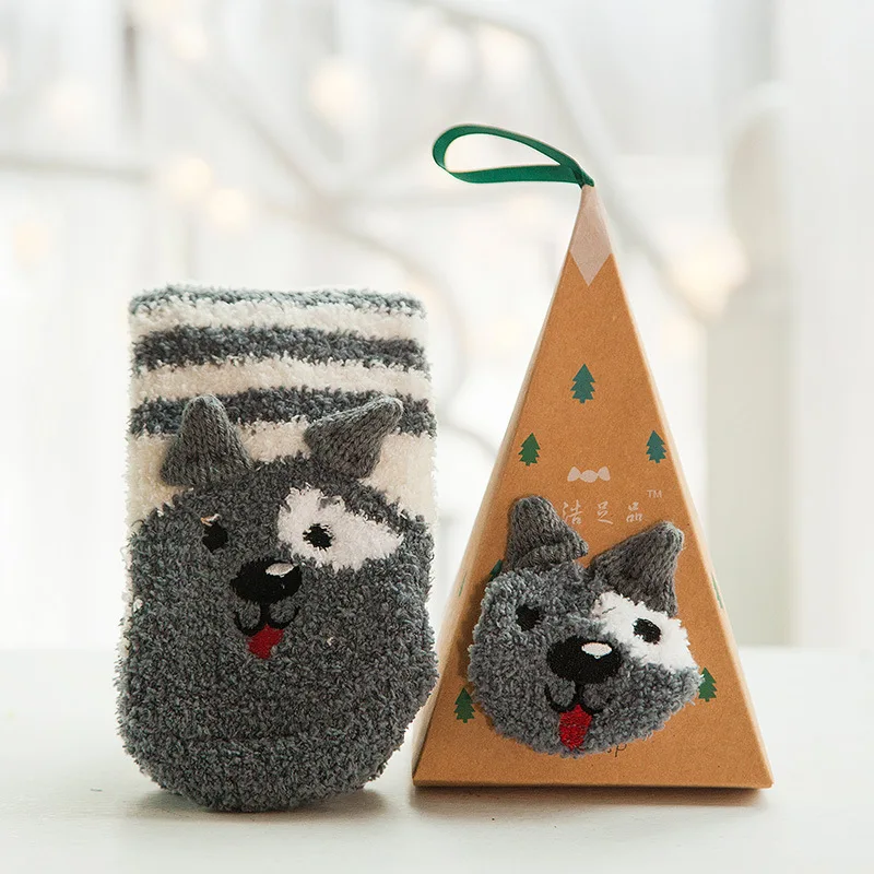 Winter Cute Animal Soft Warm Fuzzy Fluffy Women Girls Children 3D Christmas Socks with Gift Box