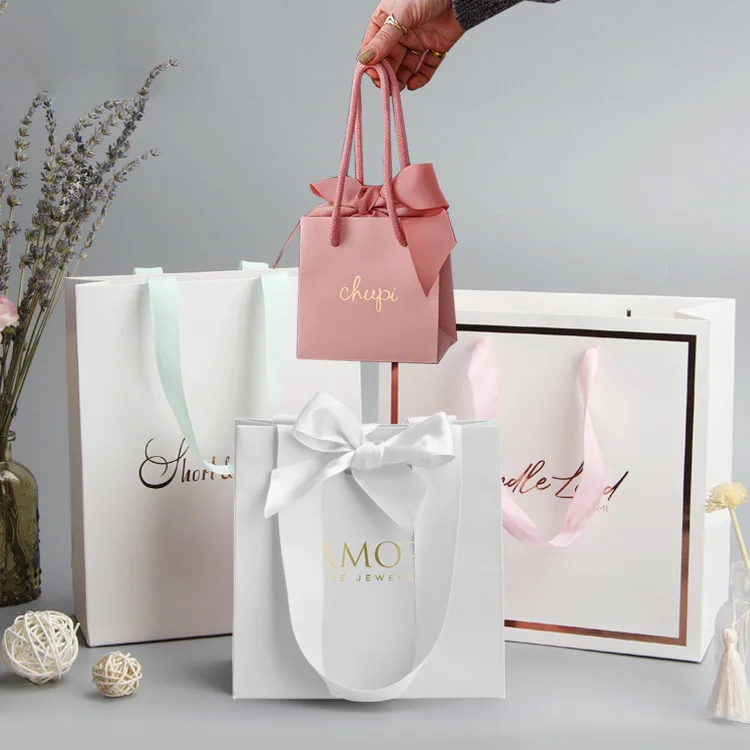 Custom Logo Boutique Elegant Luxury Jewelry Gift Shopping Cardboard Bags Eco-Friendly Personalized Paper Bags For Wedding Favors