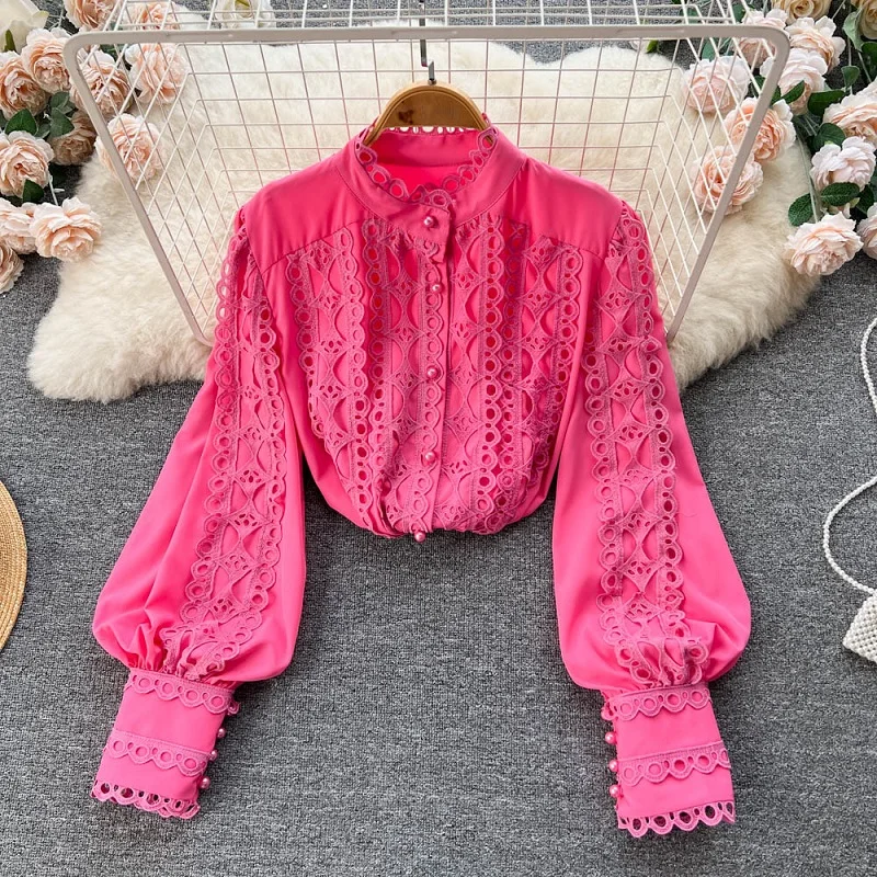 Custom ODM Summer Chic Button Tops Lace Petal Sleeve Patchwork Shirt Elegant Cotton Stand Collar Blouse Women Blouse & Shirt