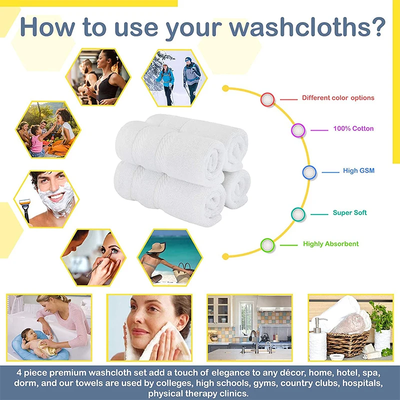 13*13 inch Super Soft Absorbent 100% Turkish Cotton 4 Piece Washcloth Set for Bathroom Body Face