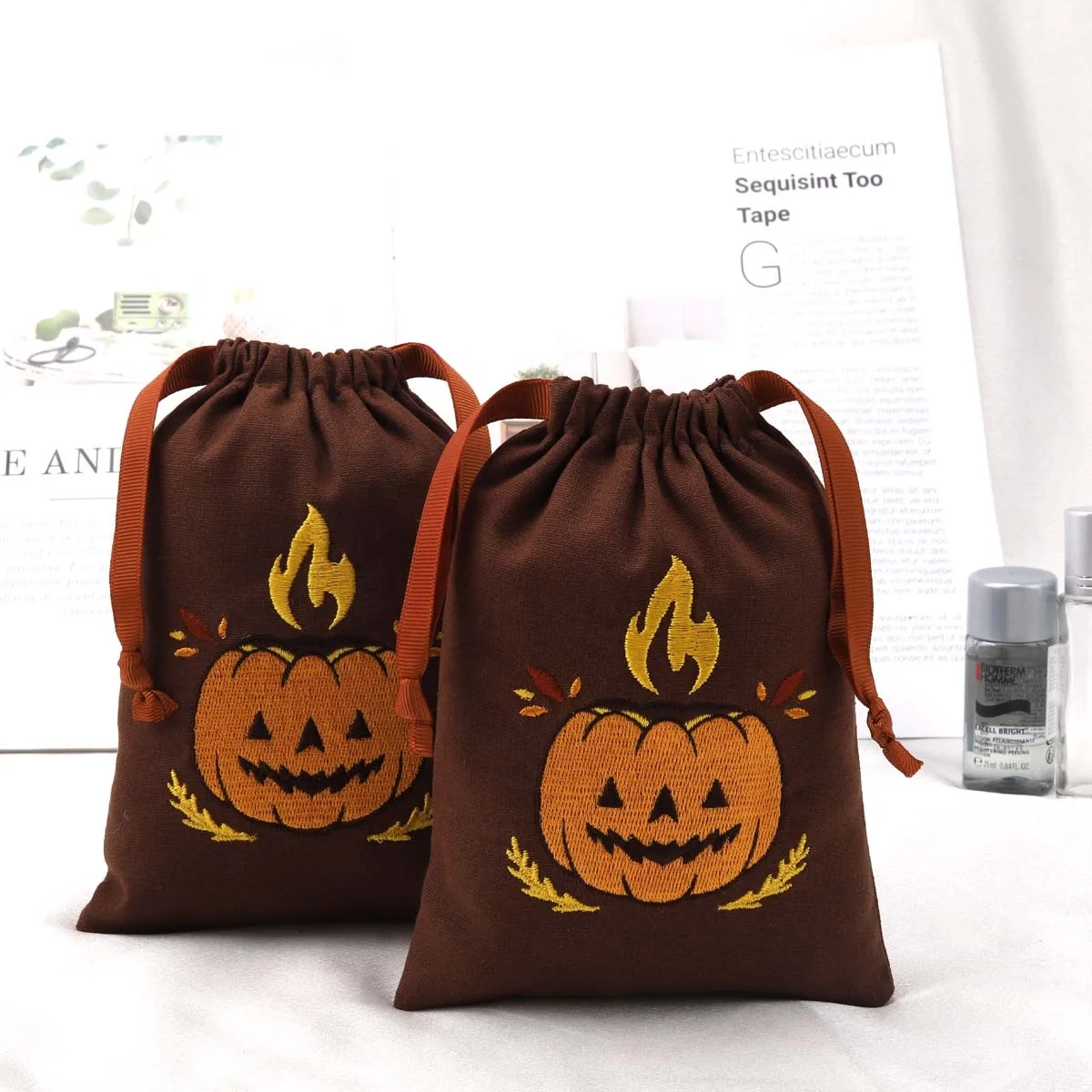 Custom Embroidery Halloween Candy Packing Cotton Linen Pouch Drawstring Cotton Gift Bag With Ribbon