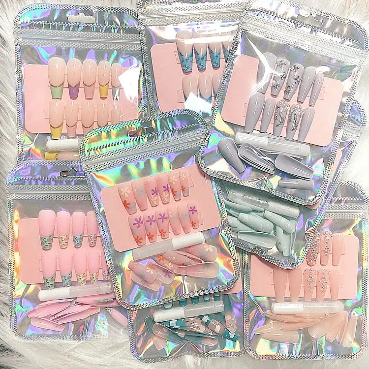 24pcs/box Packaging Press on Nail Wholesale Fake Nails Matte Gel Polish UV Press On Coloured Pre-Glue False Nails