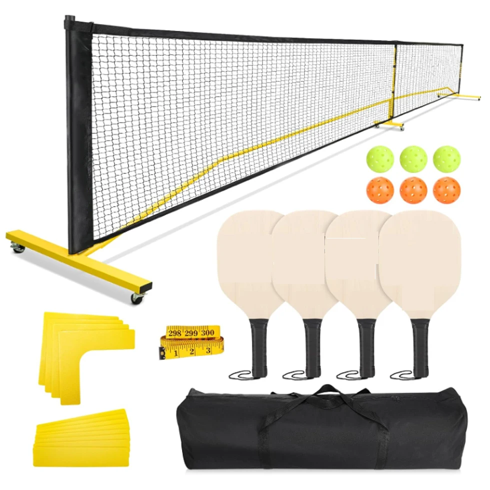 Pickleball Net Set with Wheels Driveway Portable Outdoors Regulation Size Pickle Ball Net with 4 Paddles