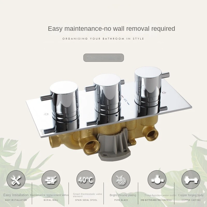 Luxury Household Chrome Square Top Shower Waterfall Bath Thermostatic Shower 3-Function Concealed Shower Set