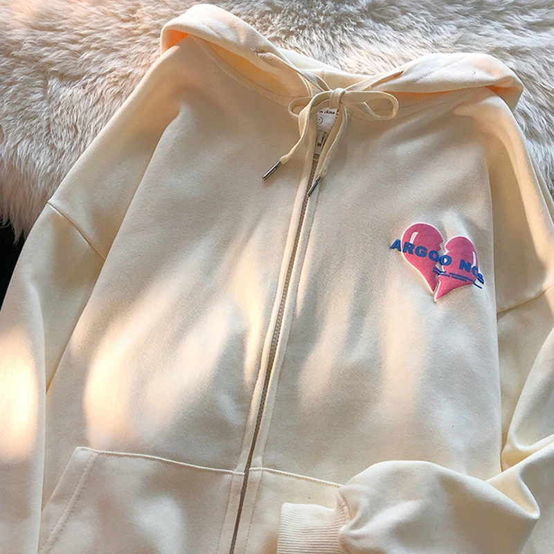 American love broken letter back foam print female hooded cardigan hoodie spring and autumn thin loose zipper coat