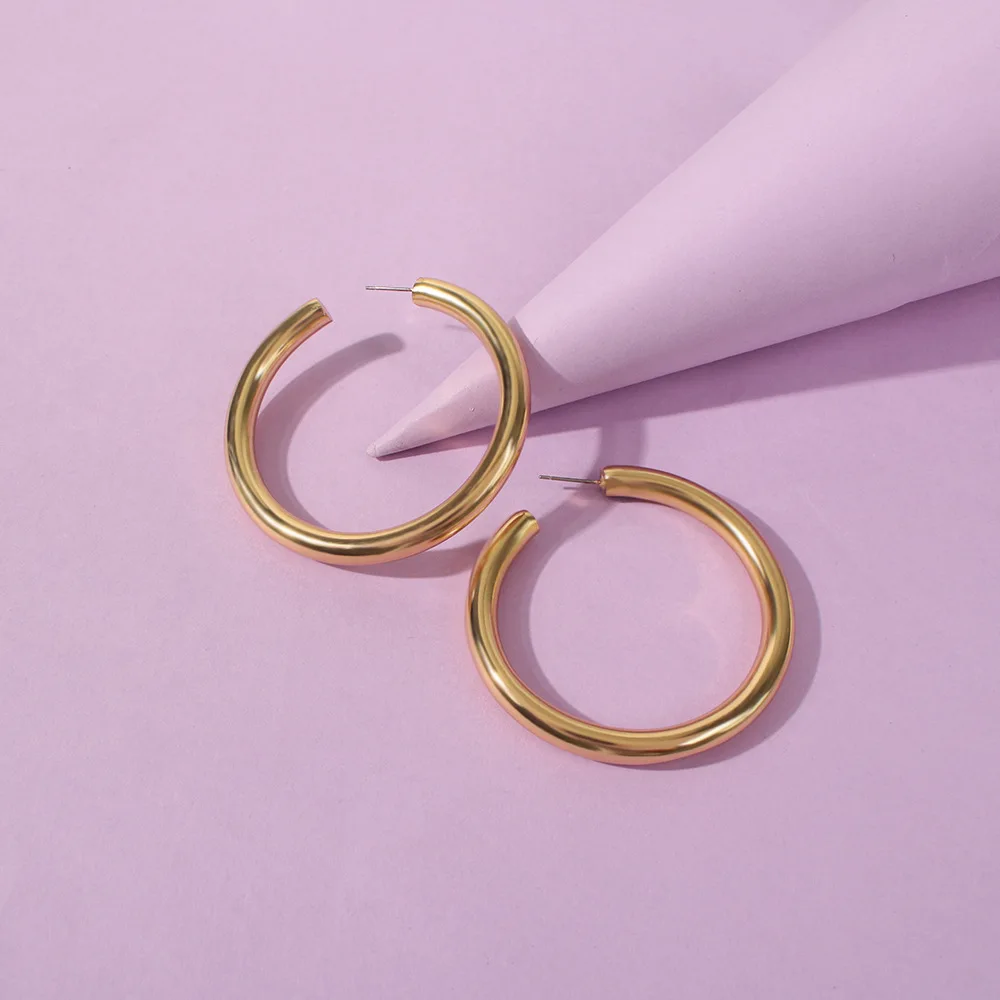  Korean Simple Design Copper Gold plated Jewelry Hollow Circle C Shaped Hoop Earrings For