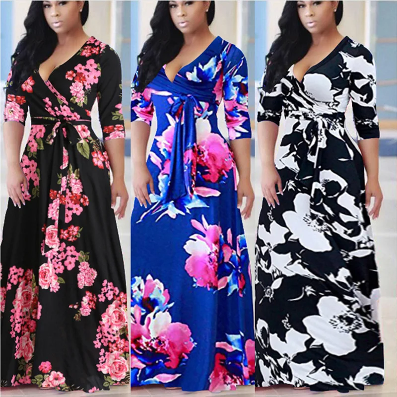 Plus Size Women Clothing Floral Print Long Sleeve Maxi African Split Dress for Women 5XL