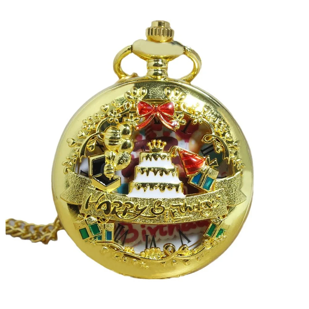Best Sale Classic Fashion Gift Pocket Watch Happy Birthday Cake Hollow Clamshell Blessing Quartz Pocket Watch