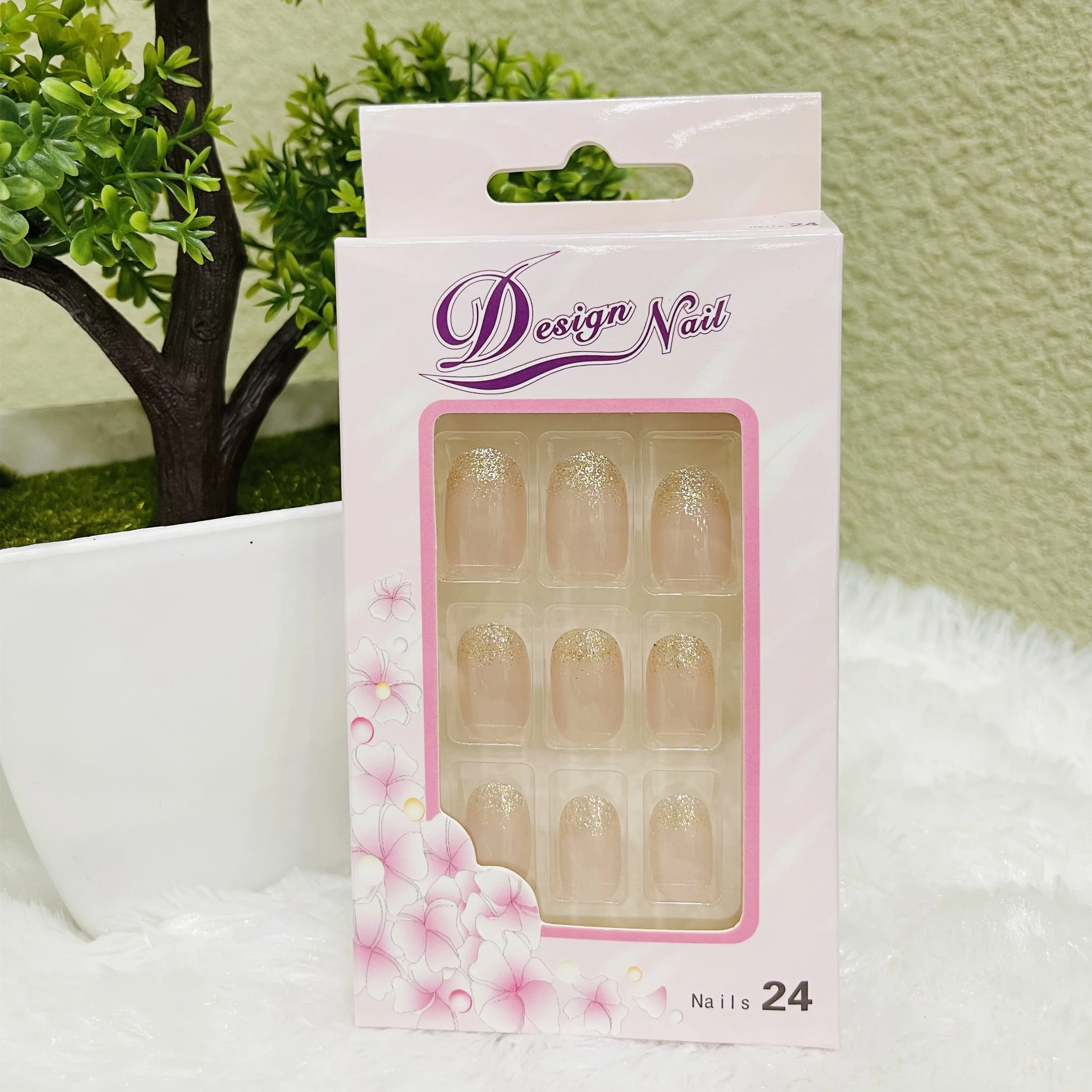 24 шт. эффектом деграде (переход от темного к дизайн персиковый цвет основы с золотым блеском полного покрытия овальной формы клей tab искусственные ногти