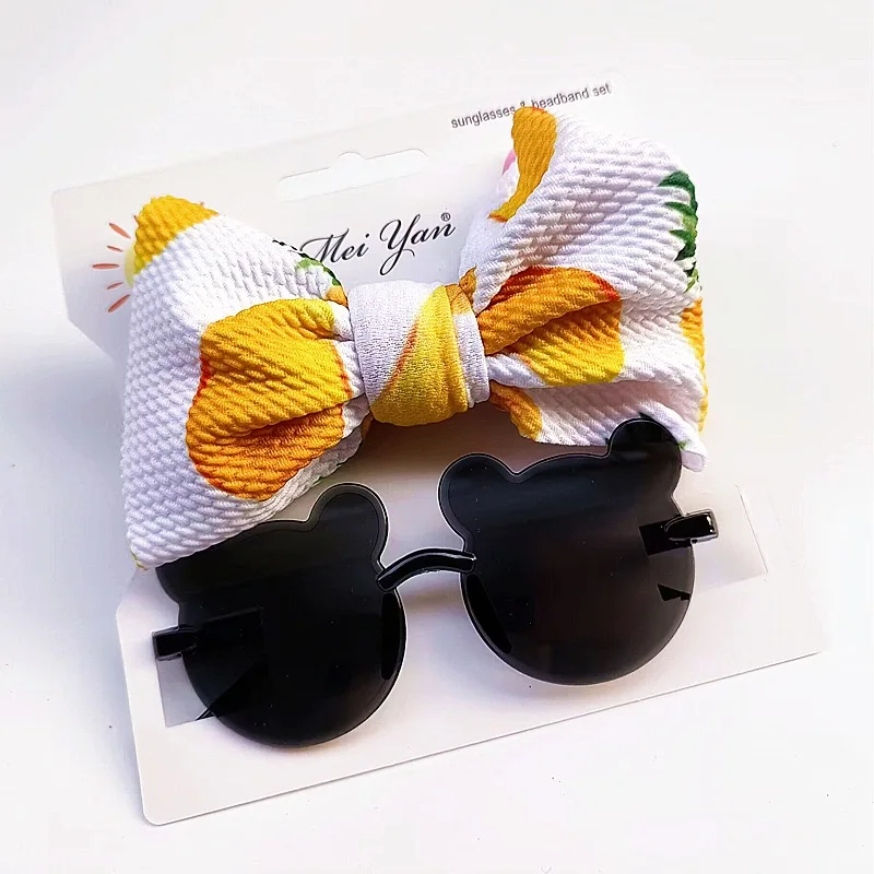 Wholesale Cute Gift Kids Anti-UV Cartoon sunglass And Bow Knot Hairband Flower Baby Girls Hair Accessories Set
