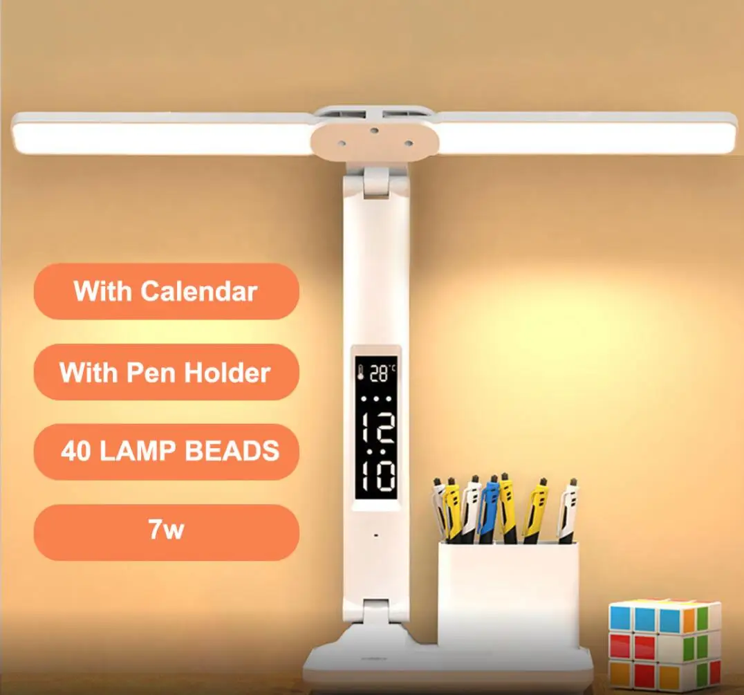 Double head Clock Time Calendar Pen Holder Eye Protection Folding  LED Table Lamp For  Reading Learning Dormitory Charging