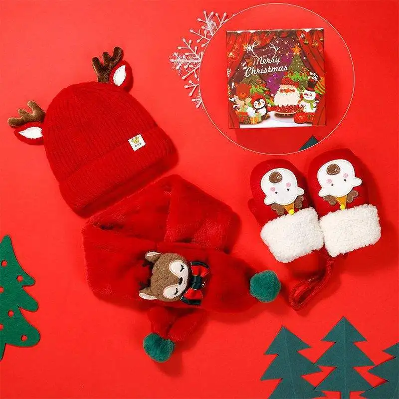 Wholesale Custom 3-Piece Set Long Cotton Knitted Beanie Hat Scarf Gloves Kids Age Children Winter Warm Christmas Gift Babies