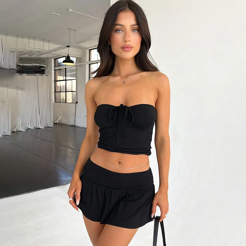King Mcgreen star Summer new arrival navel exposed lace up pleated wrap chest backless short skirt set for women beach outfit
