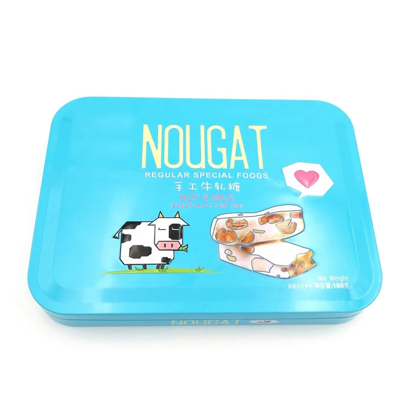 Recycled material rectangle custom printed nougat candy packaging metal box