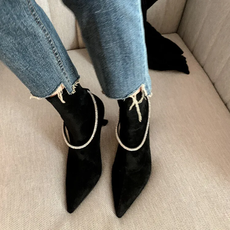Cialisa Autumn Winter Stretch Ankle Boots Pointed Toe Thin High Heels Designer Shoes Lady Rhinestone Strap Woman Boot