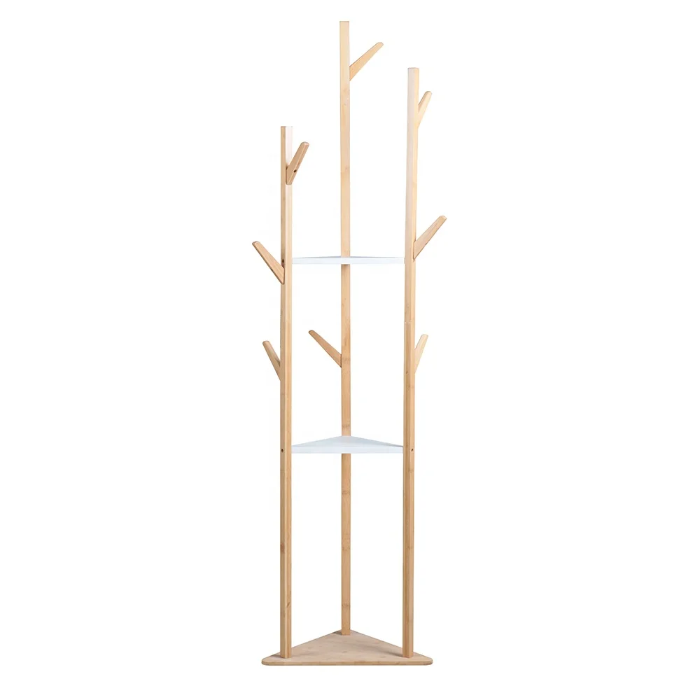 Hot selling nordic simple floor indoor standing bamboo garment coat clothes hanger rack with shelf