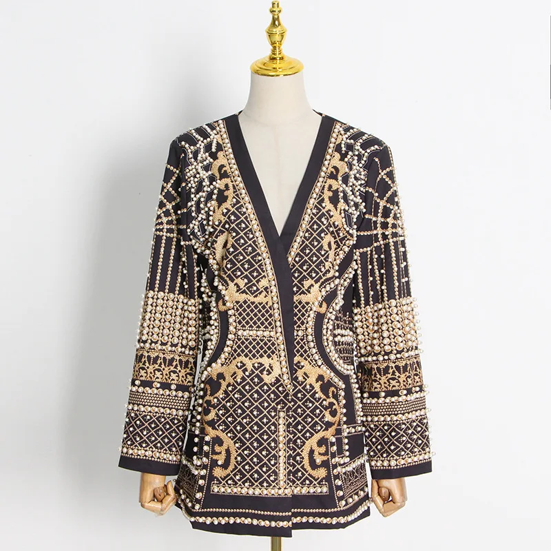 20234 New fashion pearls embroidery jacket customized street jacket wear rhinestone women jacket