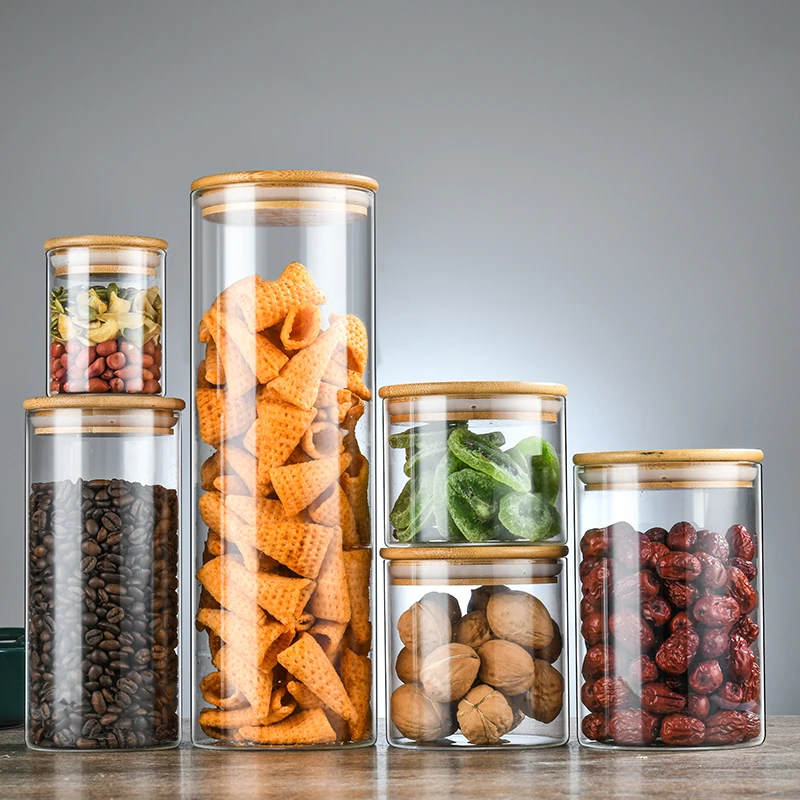 Glass Food Canisters with Bamboo Air-tight Lids Jars for Herbs Spices Sugar Coffee Tea Nuts Grains Flour Pasta Food Containers
