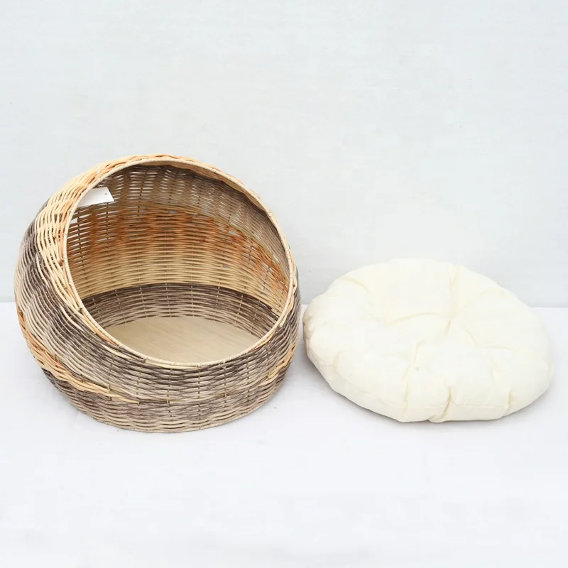 Wholesale Cheap Hand Made Plastic Rattan Luxury Pet Bed with Soft Cushion for Cats or Small Dog, weaving Wicker Basket Pet House