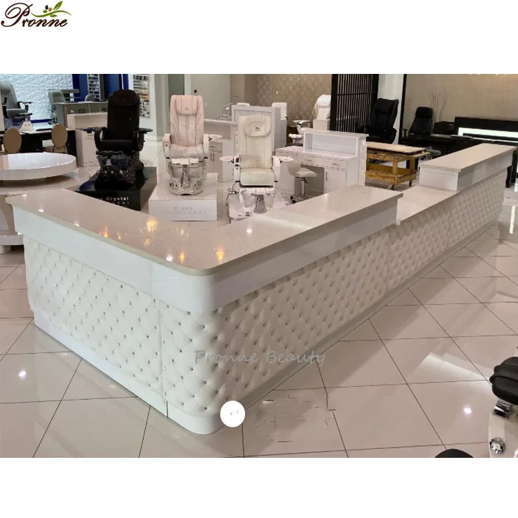 custom made modern lux tufted U shaped large nail bar rolling nail table manicure station salon furniture