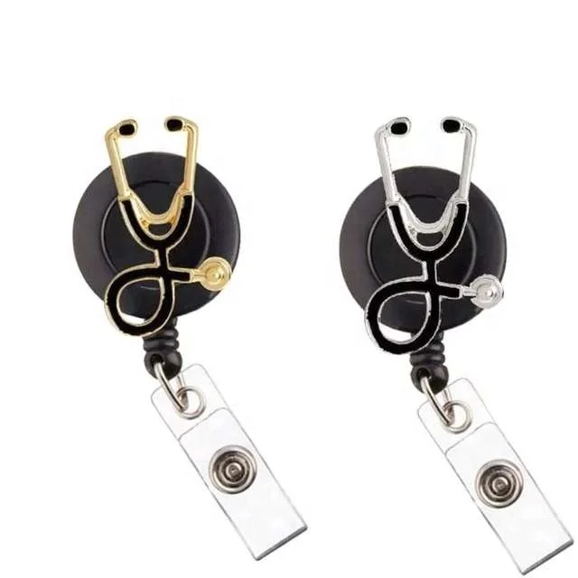 Medical Enamel Metal Stethoscope Shape Retractable Badge Reel For Nurse Accessories Badge  Holder Uniform Decoration
