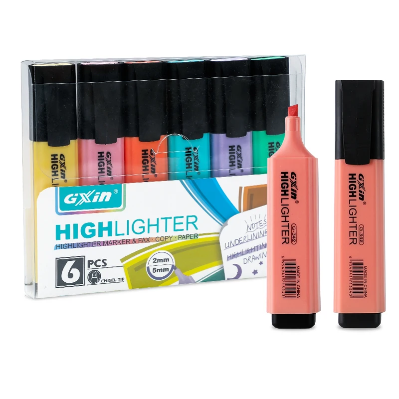 
OEM support logo fluorescent pastel 6 color stationery set multi color mini highlight pen for kids 