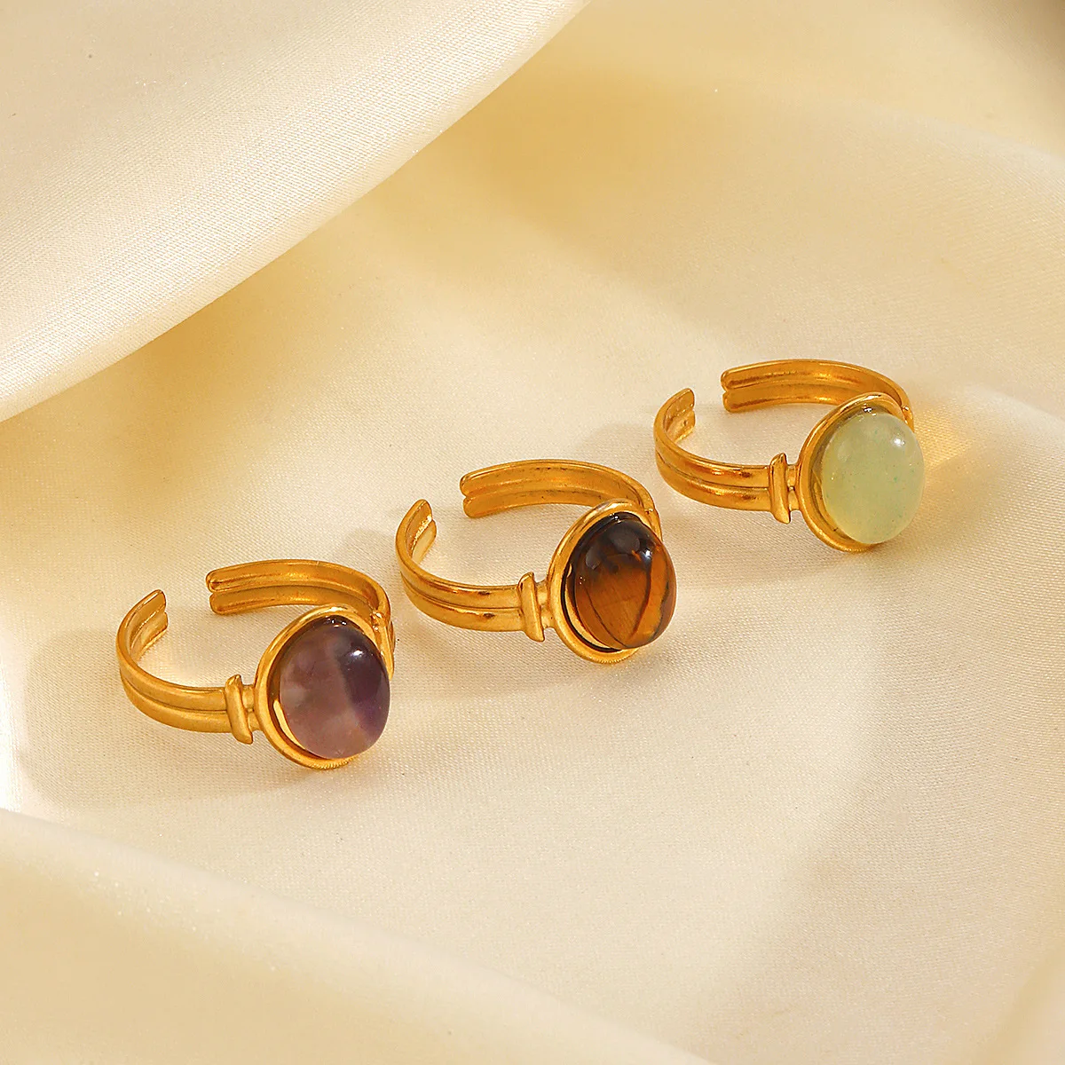 Vintage 18K Gold Plated Natural Stone Tiger Eyes Open Adjustable Ring Non Tarnish Stainless Steel Green Aventurine Gold Ring