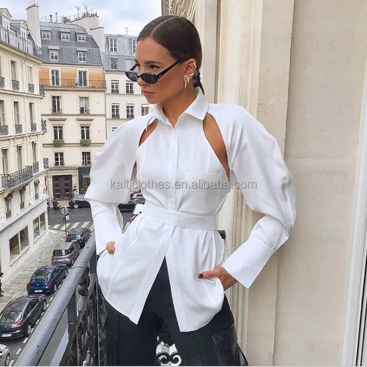 Dropship QINSI Women Solid Hollow Out Blouse 2022 Spring Puff Sleeve Shirt Elegant Office Lady Lapel Tops Blusa Streetwear