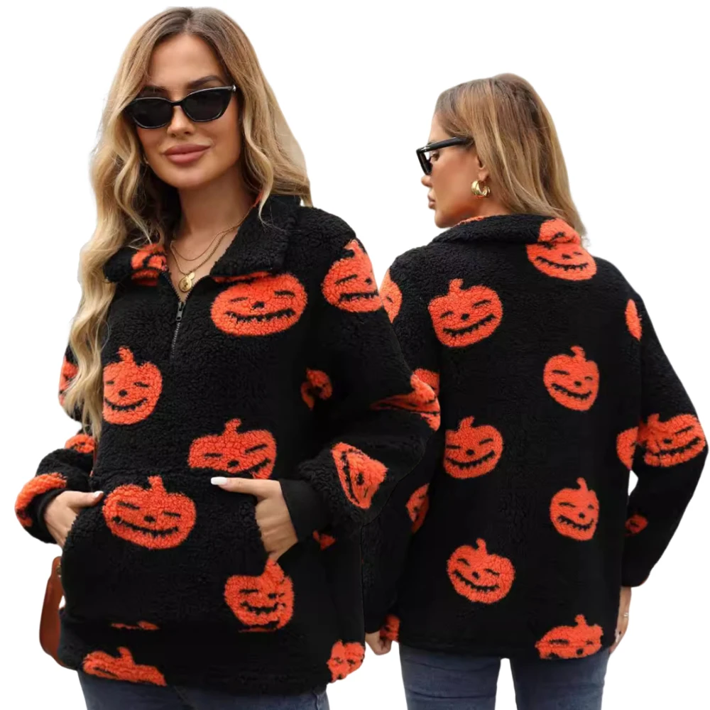 430gsm winter clothes for women rugby halloween pumpkin print hoodies pullover fur casual sherpa fleece half zipper hoodie