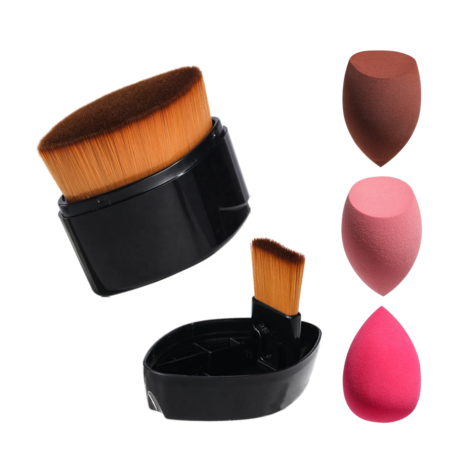 BS-MALL 2 IN 1 Flat Top Kabuki Brushes Blush Liquid Powder Foundation Eye Brush with 3PCS Makeup Sponge Set