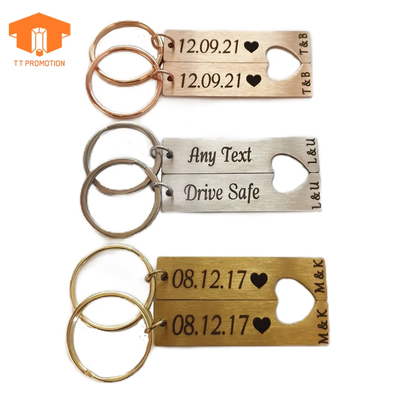 Custom Special Metal Keychains Engraved Text Personalised Couples Heart Keyrings Keychain
