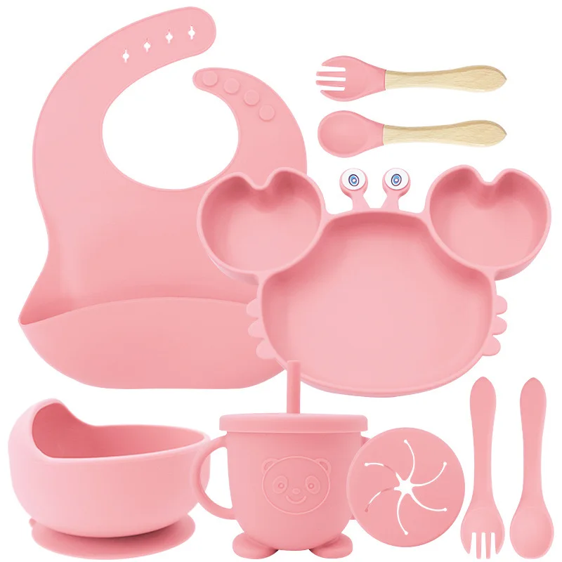 BPA Free Crab Silicone Baby Dishes Suction Bowl and Spoons Silicone Baby Bibs Silicone Baby Feeding Set