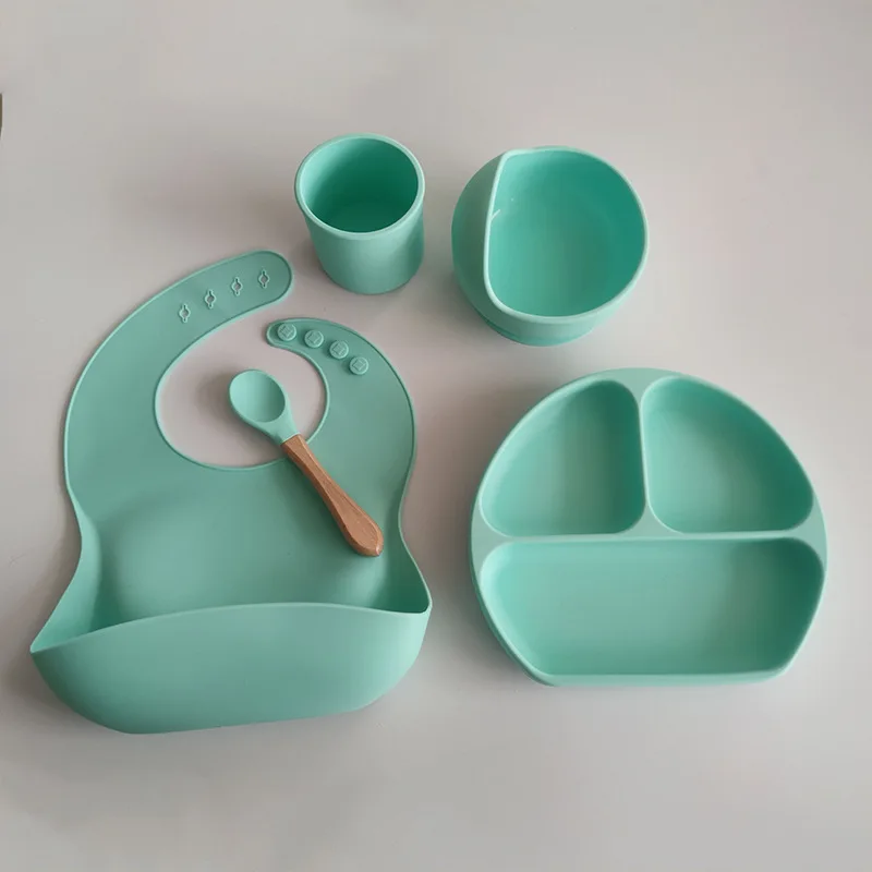 Upward Baby Led Weaning Utensils Set Silicone Suction Baby Bowl with Spoons Bibs Plate Placemat Silicone Baby Feeding Set Plates