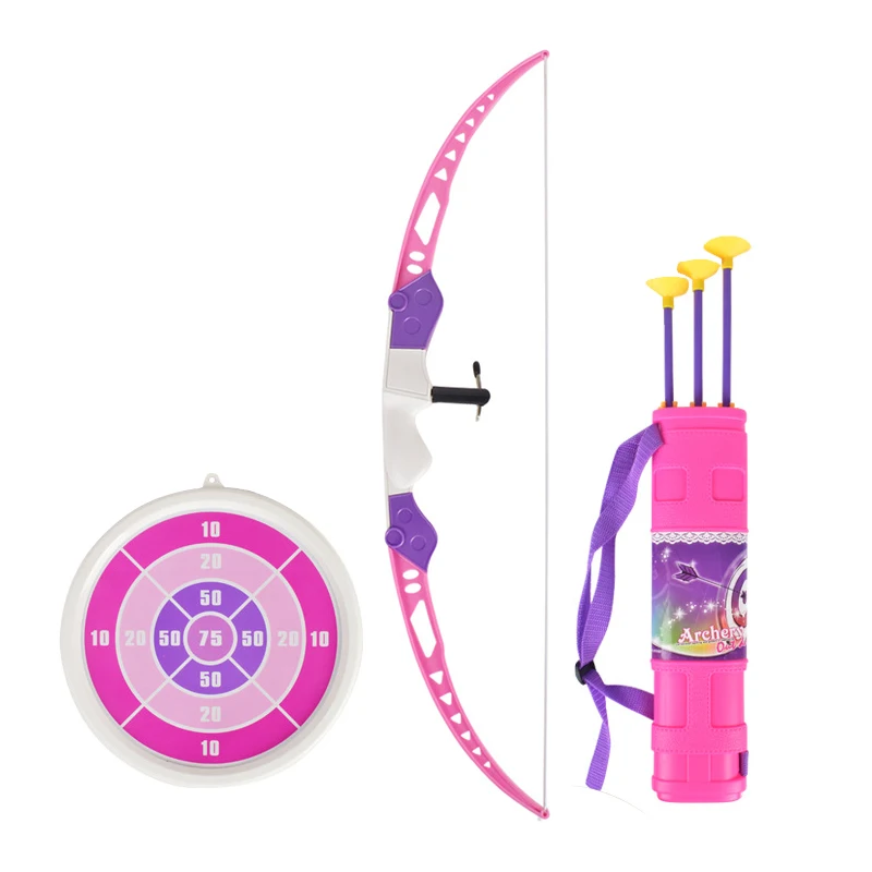 Girls pink shooting target plastic archery bow and arrow game toy for kids